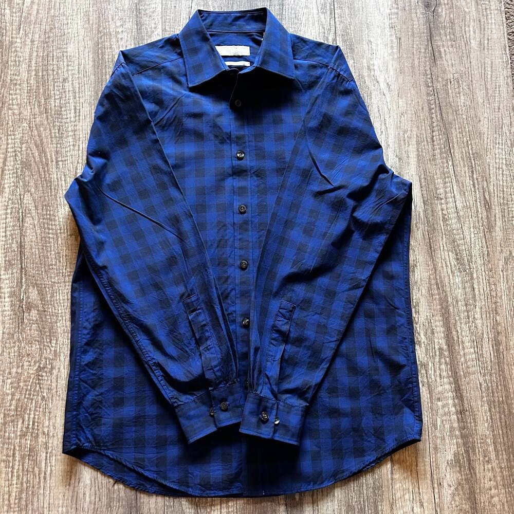 Michael Kors Slim Fit Button Down Shirt Blue Black Check Size 15-15.5 32/33 E16